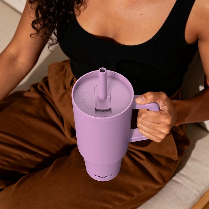 TILUCK 40 oz Tumbler with Handle, Vacuum Insulated Stainless Steel Travel Mug with 100% Leak-Proof Silicone Straw Lid, Cupholder Friendly Water Bottle(Lilac, 40oz)