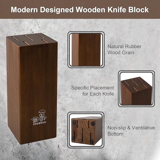 Knife Block Set, 7 Piece Cooking Knife Set, Premium Kitchen Knife Set with Knife Block and Sharpener, Hardwood Brown Knife Set，New Apartment Gift