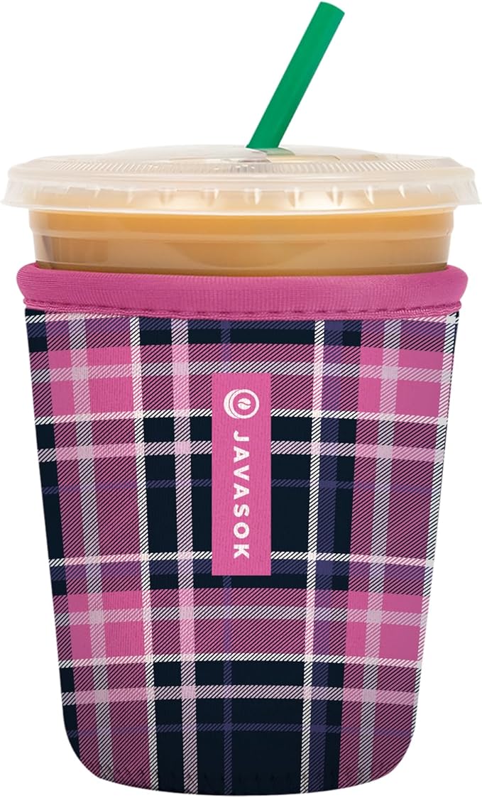 Sok It JavaSok Iced Coffee & Cold Soda Insulated Neoprene Cup Sleeve (Berry Plaid, Small: 16-20oz)