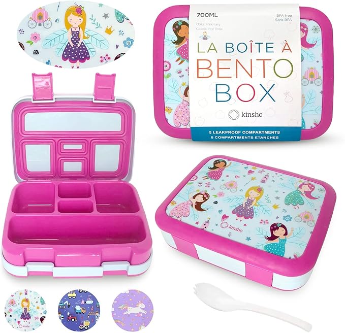 kinsho Bento Lunch Box for Kids Toddlers Girls, 5 Portion Sections Secure Lid, Microwave Safe BPA Free Removable Tray, Pre-School Kid Daycare Lunches Snack Container Ages 3 to 5, Pink Fairy Princess