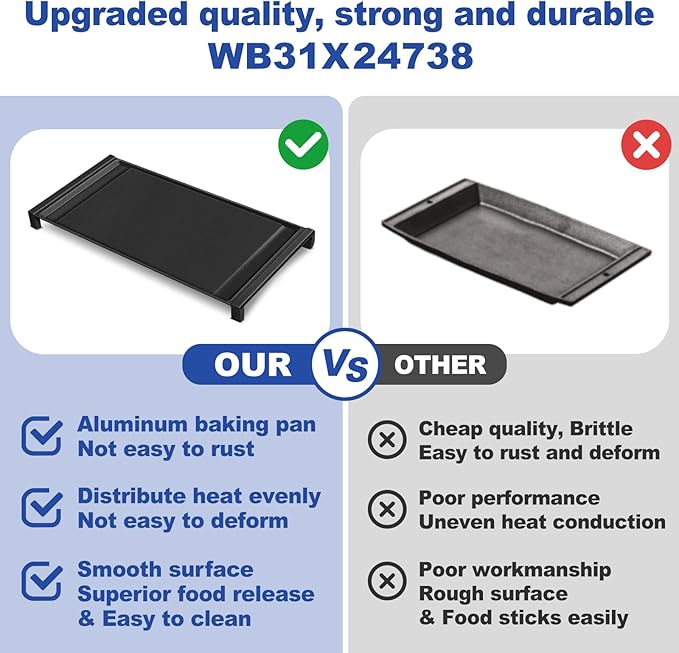WB31X24738 Aluminum Center Griddle Replacement for GE Stove - Lightweight & Fast Heating Griddle Plate, Compatible with GE Gas Range Models JGB700, JGB660, JGB735, Replaces WB31X24998, WB31X49806