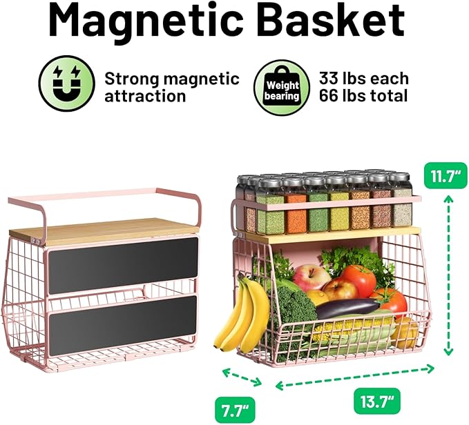 Magnetic Shelf for Fridge with Wood Lid, Fruit Potato and Onion Storage Bins, Pantry Organizers & Storage, Large Container Magnetic Spice Rack for Refrigerator, Kitchen Counter, Cabinet (Pink, 1)