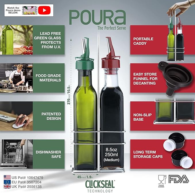 Poura Vinegar and Olive Oil Bottle Drizzler Set with ClickSeal BPA Free Pour Spouts | Glass Oil & Vinegar Dispenser Bottles for Cooking & Dining | Hygienic Covers + Silicone Decanter Funnel 250ml