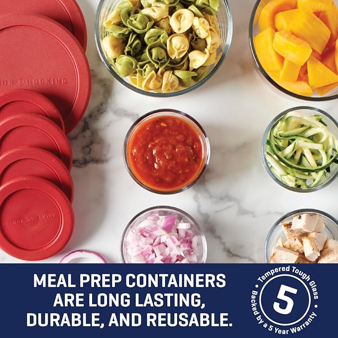Anchor Hocking 12 Piece Glass Storage Containers with Lids (6 Glass Food Storage Containers & 6 Red SnugFit Lids)