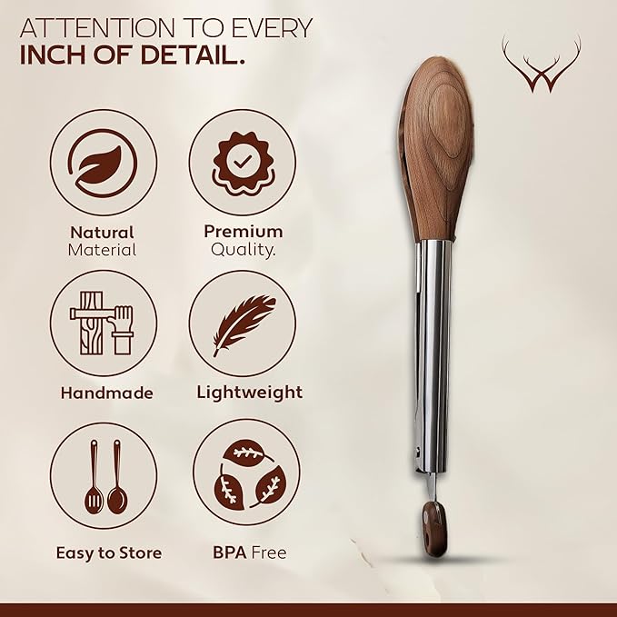 Walnut Wooden Tongs for Cooking - Premium Kitchen Set and Kitchen Utensils Tool, Heat-Resistant and Durable, Ideal Tongs for Cooking, Grilling, and Serving, Ergonomic Kitchen Tongs Design for Comfort