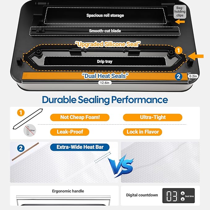 INKBIRD Vacuum Sealer Machine with 160W Double Pump, Full Automoatic Pro Vacuum Sealer for Food Preservation with Liquid/Moist/Dry Food, Food Sealer with Removable Drip Tray, Roll Storage and Cutter