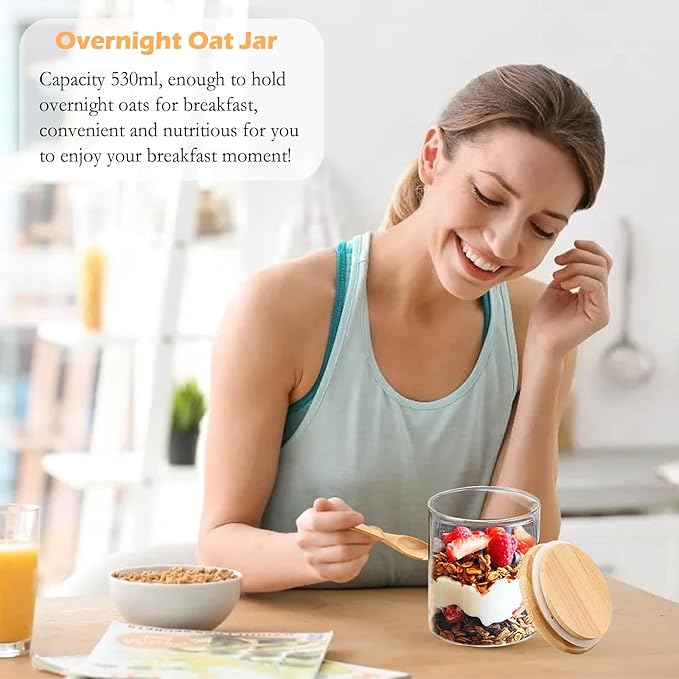 Spice Jars, Overnight Oats Containers with Airtight Lid and Spoon, Decorative Kitchen Canisters Set, Glass Storage Containers for Coffee, Tea, Sugar, Spice, Bath Salt, 18Oz/530ML (3PCS)