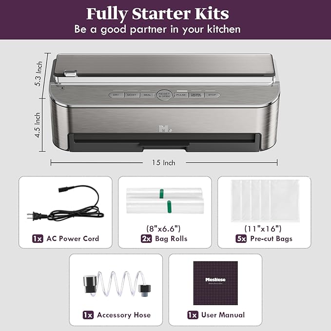 Mesliese Vacuum Sealer Machine, 85kPa 120W Automatic Food Sealer, Powerful Sealing System, Build-in Cutter | Bags Storage | Moist Mode and Air Suction Hose (Silver)