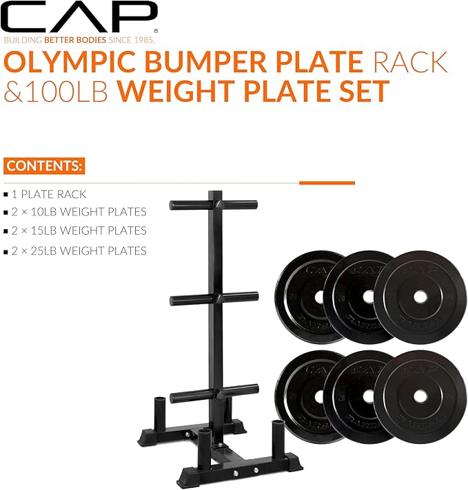CAP Barbell 2-Inch Olympic Bumper Plate Weight Set with 6 Post Rack | 100-370 lbs | Multiple Options