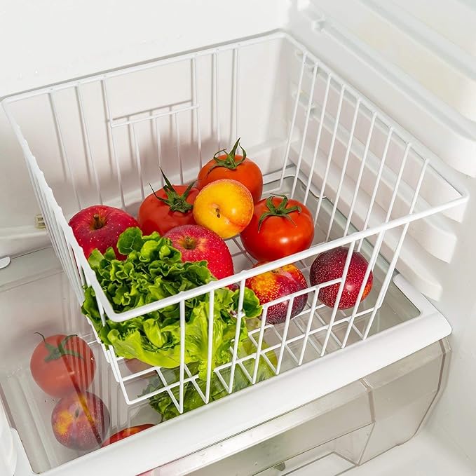 Freezer Wire Baskets, Kitchen Storage Organizer Bins for Chest and Upright Freezer, Refrigerator Dividers Containers with Handles - Pearl White (4)