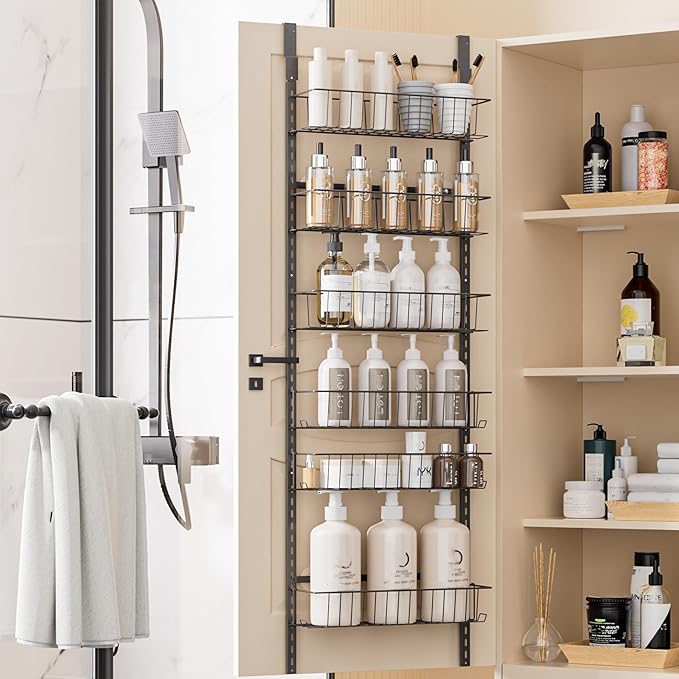 Delamu Adjustable Cabinet Door Organizer, 6-Tier Hanging Spice Rack Organizer, Metal Over the Door Pantry Organizer, Pantry Organizers and Storage Shelves for Kitchen Bathroom Laundry Room, Black