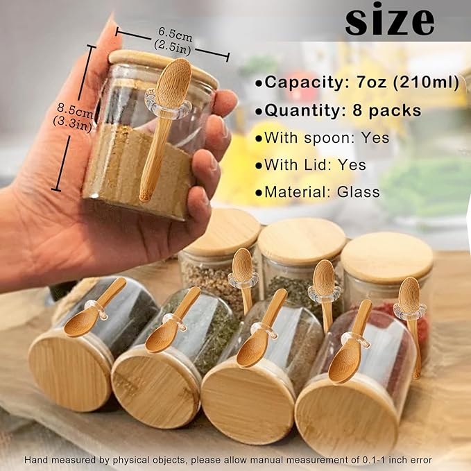 Spice Jars with Label 7oz Glass Storage Containers with Lids and Spoon Small Glass Jars for Overnight Oats Cereal Containers Storage Meal Prep Jars for Sugar Yogurt Chia Pudding Salt Candy 8pcs