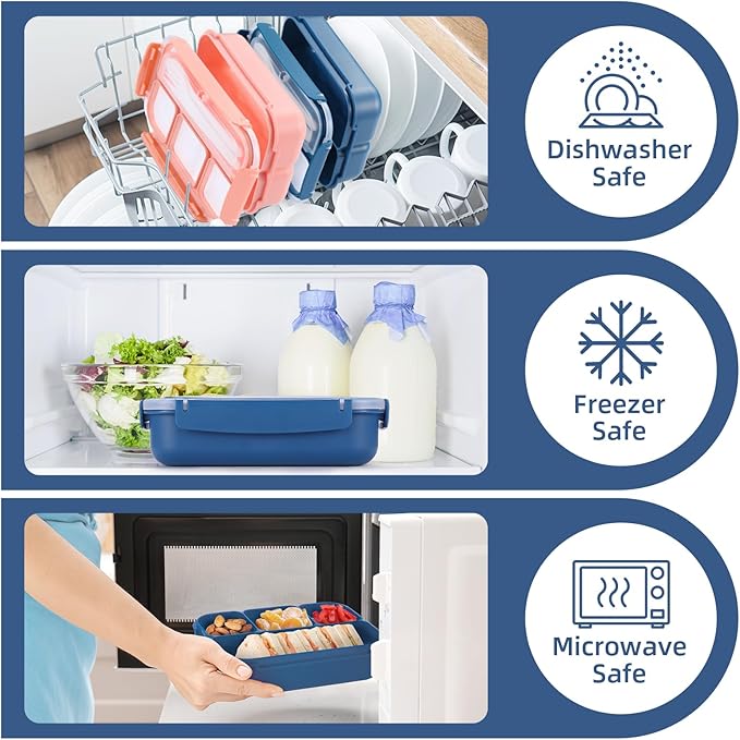 QQKO Bento Box Adult Lunch Box, Lunch Containers for Adults Men Women, Kids Lunch Boxes for School with 4 Compartments, Sauce Container, Utensils and Muffin Cups, Navy