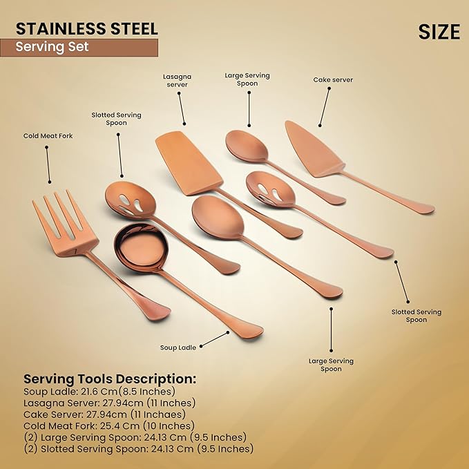 Avador® Premium Set of 8 Stainless Steel Hostess Serving Utensil Tool Set for Weddings | Buffer | Party | Kitchen | Restaurants (Rose Gold Plated)