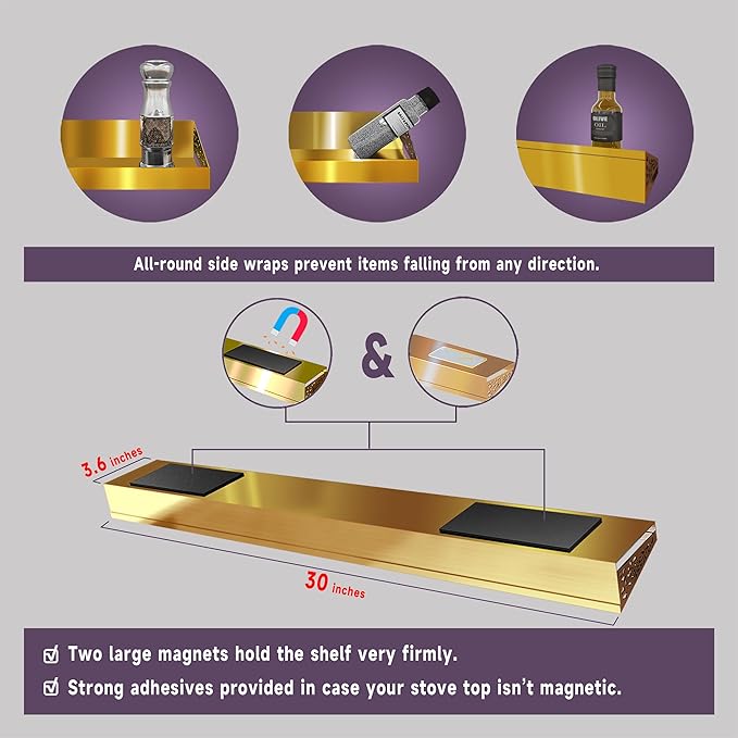 30" Magnetic Stove Top Shelf – Brushed Gold Spice Rack and Seasoning Organizer – Kitchen Shelf for Back of Stove – Over Stove Rack and Storage Organizer