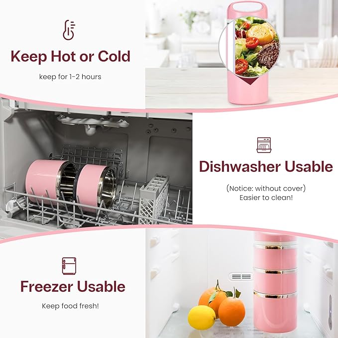 Lille Home Stackable Stainless Steel Lunch Containers, 43OZ Capacity 3 Layers Leakproof Bento Box for Adult, Portable Lunch Box for Women, Man, Travel, Office with Lunch Bag(Pink.Pro)