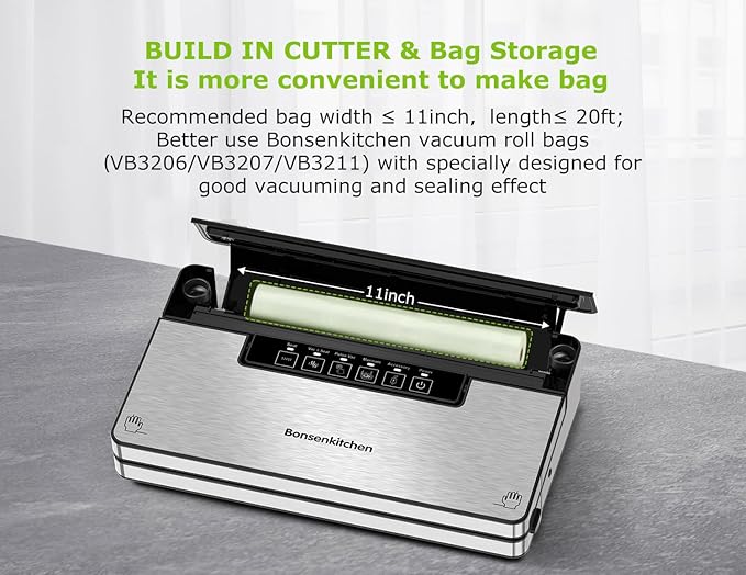 Bonsenkitchen Vacuum Sealer Machine, Stainless Steel Food Sealer Vacuum Sealers with 30 Bags & 1 Roll, 5 Food Vacuum Modes, Built-in Cutter & Bag Storage (Silver Black)