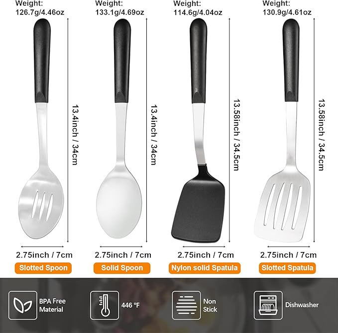 Stainless Steel Cooking Utensils Set, 4-piece Kitchen Utensil Set with PP Handles, Dishwasher Safe, Non-Stick and Heat Resistant, Spoons, Spatula for Cooking