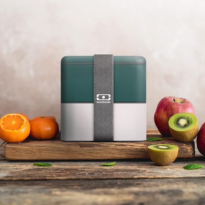 monbento - Large Bento Lunch Box MB Square green Pine/gray Coton with Compartments - Leakproof Lunch Box for Work/Picnic/Meal Prep - BPA Free – Microwave & Dishwasher Safe - Green & Gray