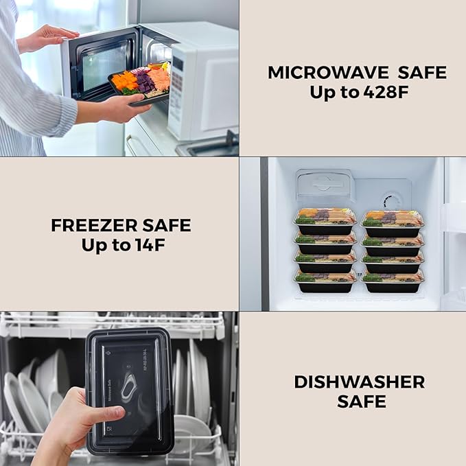 Klex 24 Oz, 50 Sets Meal Prep Containers with Airtight Lids, BPA Free, Reusable Plastic Food Container, 24 oz, Rectangular, Black/Clear, 50 Sets