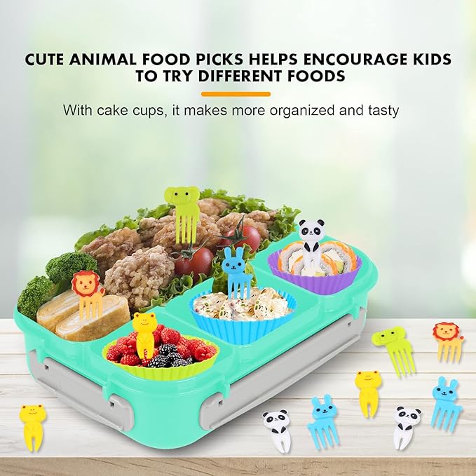 Bento Box, 1300ML Adult & Kids Lunch Box with 4 Compartment & Food Picks, Cake Cups, Leak-Proof, Microwave/Dishwasher/Freezer Safe (Green)