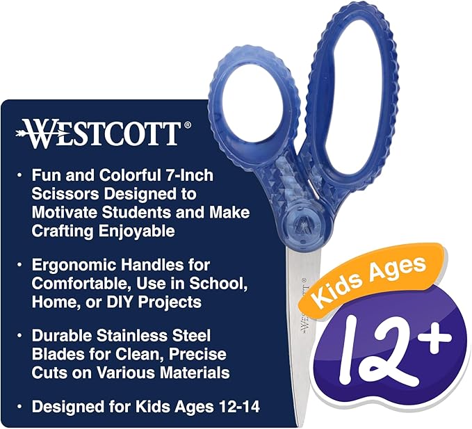 Westcott GEM Crystal-Design 7-Inch Pointed Student Scissors for Ages 12+, Classroom Essential with Comfortable Grip, Ideal for Left or Right Hand, Back to School, School Supplies, Blue