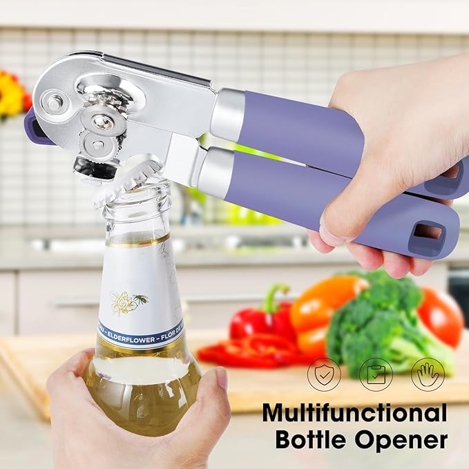 Beneno Heavy Duty Hand Can Opener Manual with Magnet, Durable Sharp Carbon Steel Blade Smooth Cutting, Big Effort-Saving Knob, Soft Grip Handle, Multifunctional Kitchen Tool with Bottle Opener, Purple