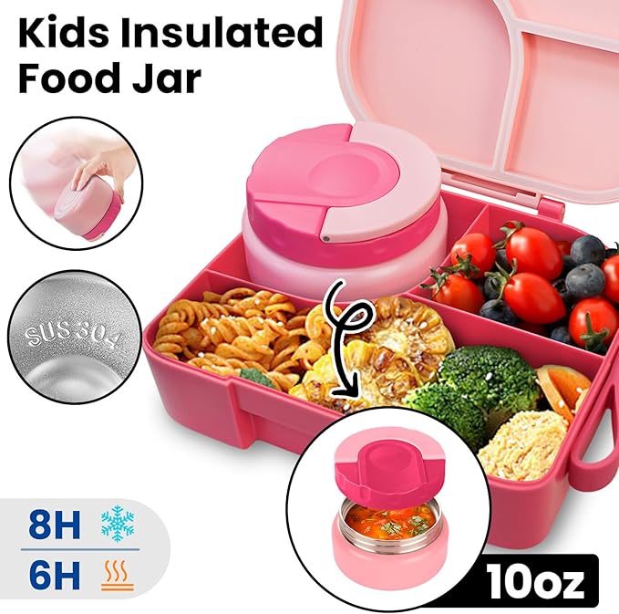 TinyPalsa Bento Box for Kids with 10oz Thermos, Durable Lunch Box with Leak Proof Insulated Food Jar, 3 Compartments with Portable Handle for Ages 3+, Dishwasher Safe, Ideal for School, Travel (Pink)