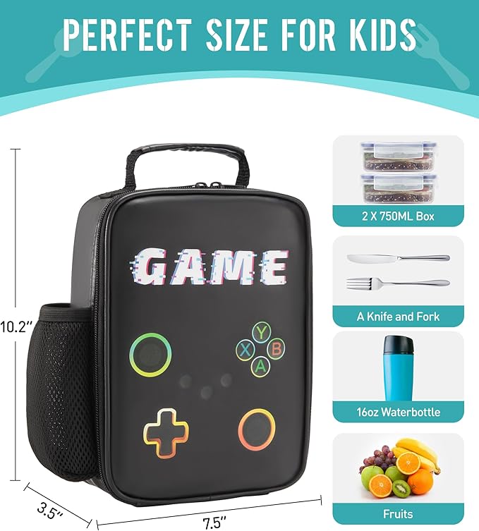 Boy Lunch Box,Kids Lunch Bag Insulated Leather Game Lunch Box for School Thermal Meal Cooler Lunch Boxes for Boy Girl Kid Toddler Teen