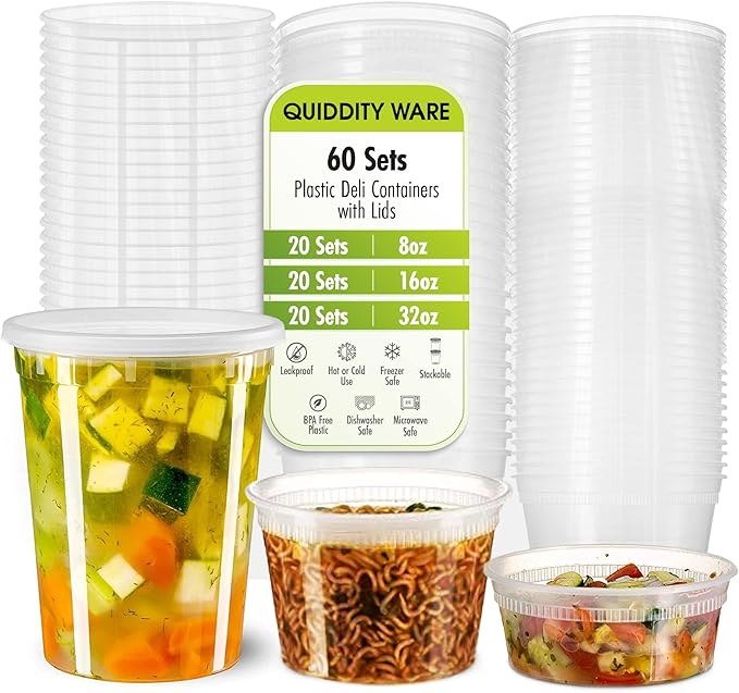 Deli Containers with Leakproof Lids-60 Sets [ 20sets-8oz, 20sets-16oz, 20sets-32oz] BPA-Free Plastic Microwaveable Clear Food Storage Container Premium Heavy-Duty, Freezer & Dishwasher Safe…