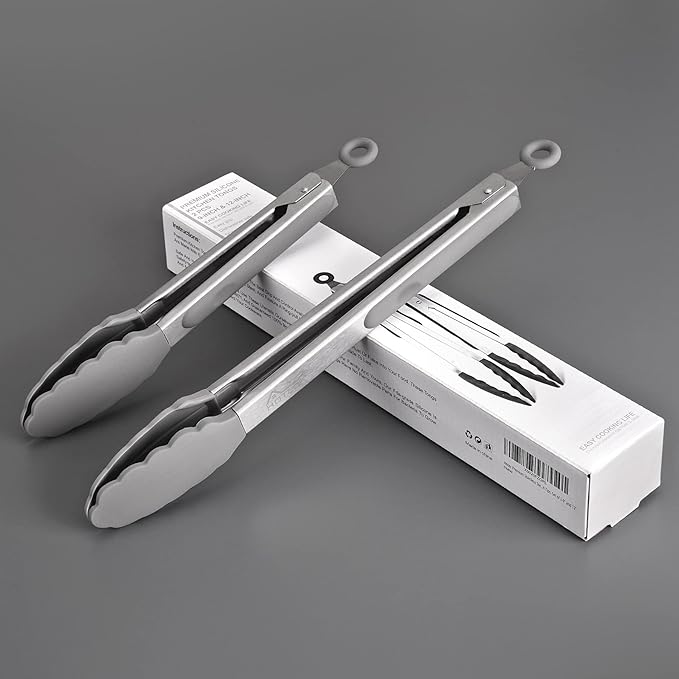 HOTEC Premium Stainless Steel Locking Kitchen Tongs with Silicon Tips, Set of 2-9" and 12" Light Grey