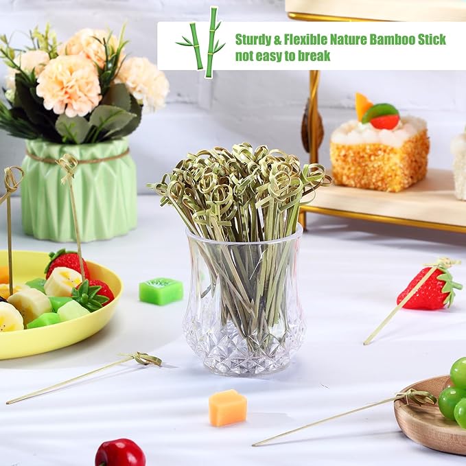 Nuogo 500 Pcs Bamboo Cocktail Picks 4.13 Inch Bamboo Skewers Fruit Toothpicks for Appetizers Drink Garnish Sticks Handmade Food Pick with Looped Knot for Party Bar Snacks Sandwiches Drinks