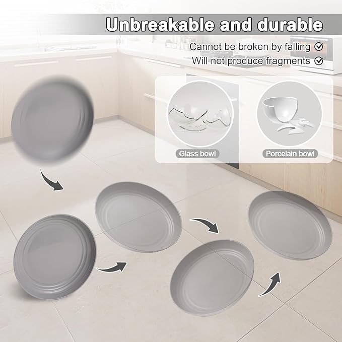 12 Pcs Unbreakable Deep Dessert Plates Set, 8 inch Reusable Plastic Wheat Straw Plates, Microwave and Dishwasher Safe Plate for Kitchen, Lightweight Plate for Dessert, BPA Free, White Gray