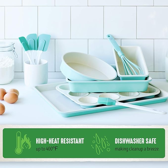 GreenLife Cooking Tools and Utensils, 5 Piece Nylon and Silicone Baking Set with Spatulas Wisk and Brush, Dishwasher Safe, Turquoise
