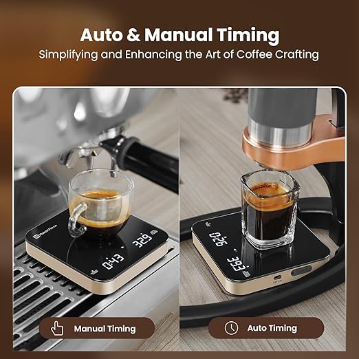 Maestri House Mini Coffee Scale with Timer, USB-C Rechargeable Espresso Scale, 2kg/0.1g Accurate Scale for Espresso and Pour-Over Coffee, Portable Digital Kitchen Scale with Auto Timer (Black & Gold)