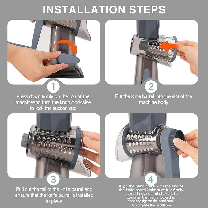 Rotary Cheese Grater Multi-Purpose Stainless Steel Shredder- Cheese Grater With handle Effortless Grating of Vegetables, Nuts and Fruits,with Suction Base and Cleaning Brush (gray)