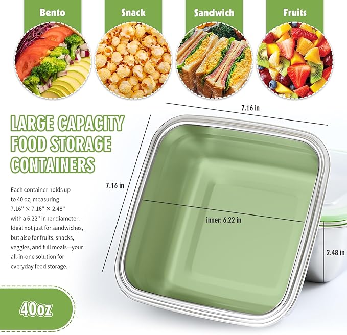 4 Pack Sandwich Containers, 40oz Stainless Steel Sandwich Box with Airtight Lids, Reusable Metal Meal Prep Lunch Boxes, BPA-Free, Dishwasher Safe, Large Capacity Food Storage Containers (Black)