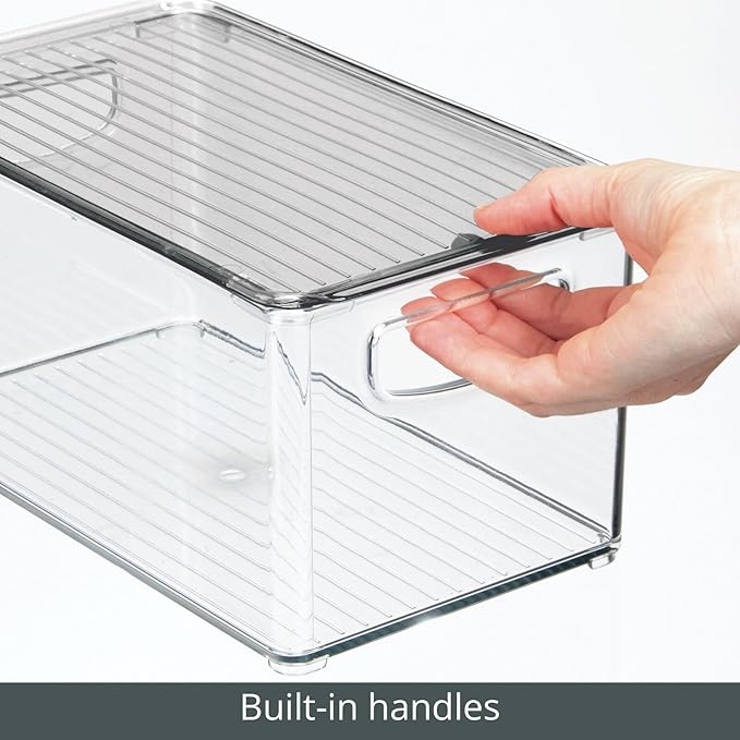mDesign Plastic Deep Storage Bin Box Container with Lid and Built-In Handles - Organization for Fruit, Snacks, or Food in Kitchen Pantry, Cabinet, Cupboard, Ligne Collection, 2 Pack, Clear/Smoke Gray