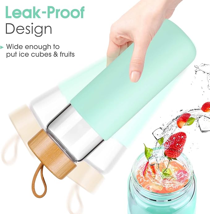 25 Oz Borosilicate Glass Water Bottles with Silicone Sleeve BPA Free, Dishwasher Safe - Reusable Clear Glass Drinking with Leak Proof Bamboo Lid | Perfect Gym Water Bottles for Men & Women