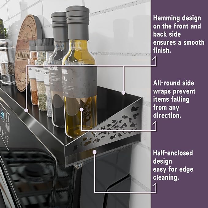 30" Magnetic Stove Top Shelf – Black Stainless Steel Spice Rack and Seasoning Organizer – Kitchen Shelf for Back of Stove – Over Stove Rack and Storage Organizer