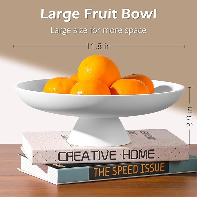 Large Decorative Bowl for Home Decor, Large Fruit Bowl for Kitchen Counter, Key Bowl for Entryway Table (White, Pedestal)