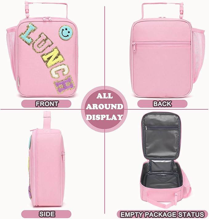 FlowFly Lunch box Insulated Soft Bag Mini Cooler Back to School Thermal Meal Tote Kit With Buckle and Mesh Side Pocket for Girls, Boys, PinkWithLetter