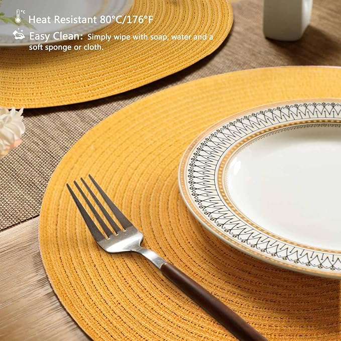FunWheat Round Braided Placemats Set of 6 Place mats for Dining Tables Woven Heat Resistant Table Mats 15 inch (Yellow,6pcs)