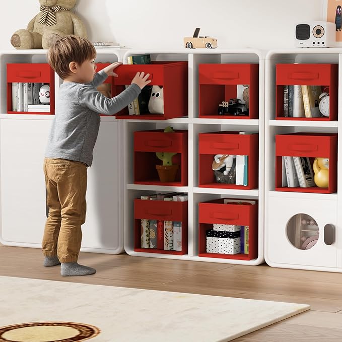 DIMJ Storage Cubes, Cube Storage Bin, 6 Pack Foldable Baskets with Window, Closet Storage Bins with Handle, 11x 11 inch Storage Cubes for Clothes, Toys, Books (Red)
