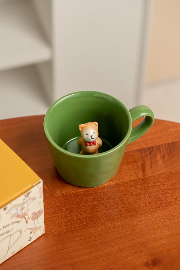 DIHOclub Bow Tie Bear Coffee Cup Hidden Ceramic Animal Inside Mug,Cute Cartoon Handmade Figurine Mugs,Holiday and Birthday Gift for Coffee Milk Tea Lovers,12 Oz(Green)