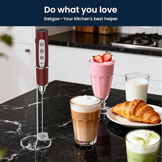Milk Frother with Stand Rechargeable-Handheld Frother Wand with 3 Stainless Whisks 3 Speed Adjustable, Electric Whisk Drink Mixer, Foam Maker Blender for Matcha Latte Cappuccino Chocolate