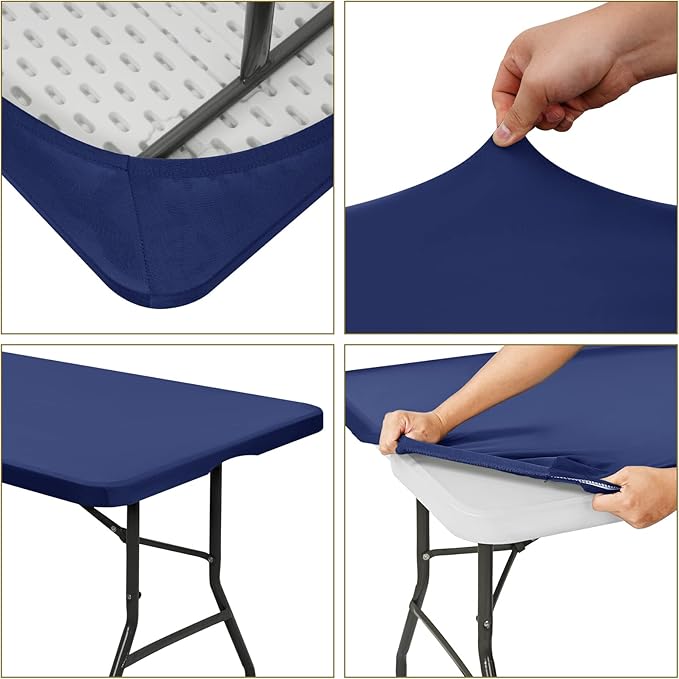 10 Pack Stretch Fabric Table Top Cap Cover, fits 6' Tables, Spandex Table Covers Washable Elastic Rectangle Tablecloth Protector for Indoor Outdoor Party Picnic Wedding, Navy Blue, 30" W x 72" L