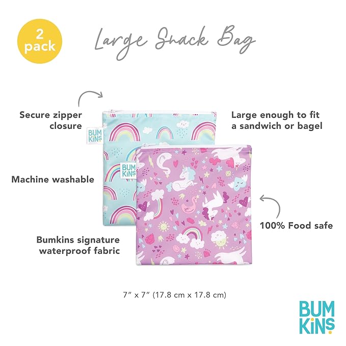 Bumkins Reusable Sandwich and Snack Bags, for Kids School Lunch and for Adults Portion, Washable Fabric, Waterproof Cloth Zip Bag, Travel Pouch, Food-Safe, Large 2-pk Unicorns and Rainbows