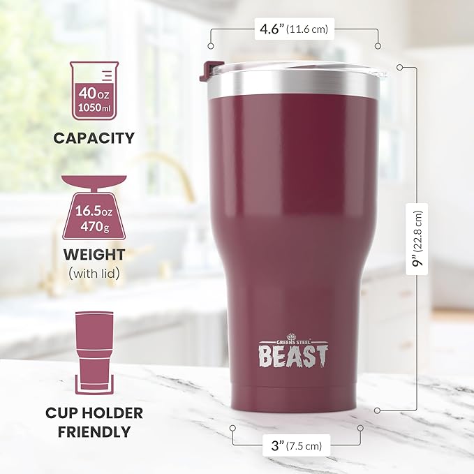 Beast 40 oz Tumbler Stainless Steel Vacuum Insulated Coffee Ice Cup Double Wall Travel Flask (Cranberry Red)