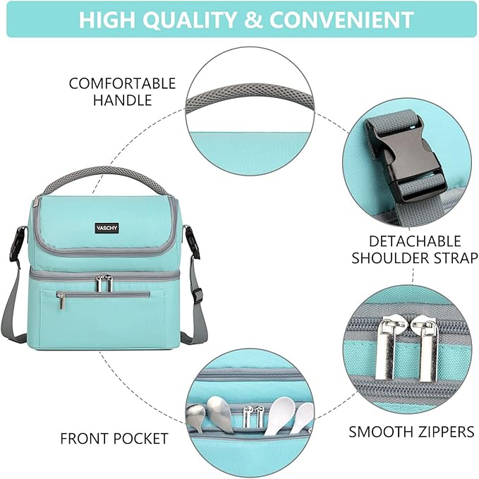 VASCHY Lunch Bag for Women, Insulated Lunch Box Leak-proof Cooler Bag in Dual Compartment Lunch Tote for Men, Women, 14 Cans (Turquoise)